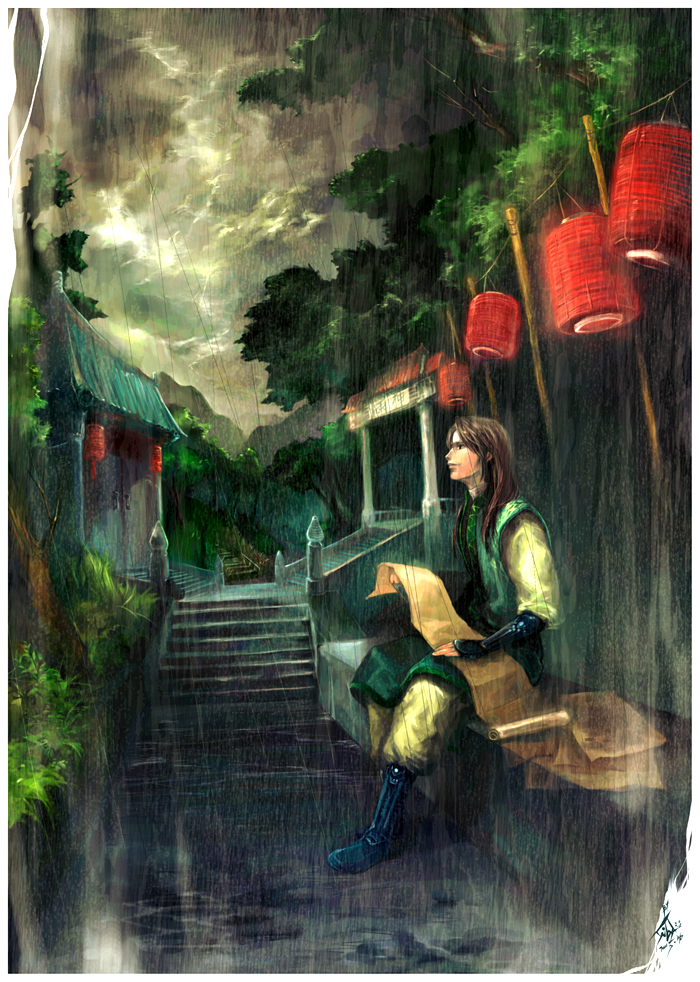 bad_id bad_pixiv_id forest lantern male_focus nature original rain scenery scroll sibyl sky solo stairs