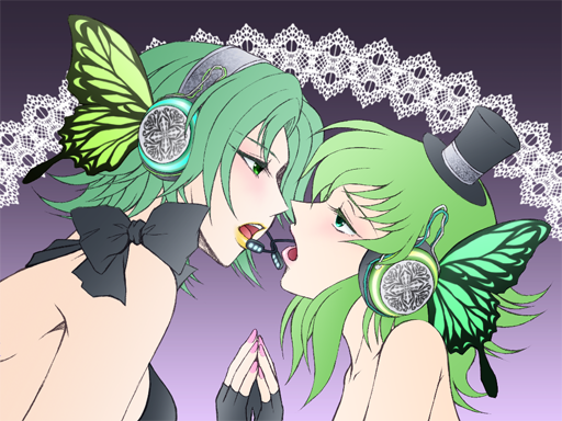 butterfly_wings fingerless_gloves gloves green_eyes green_hair gumi hat headphones headset june_a lipstick magnet_(vocaloid) makeup microphone mini_hat mini_top_hat multiple_girls nail_polish pink_nails short_hair sonika top_hat vocaloid wings