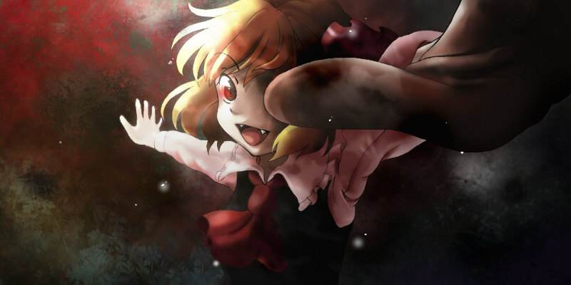 bad_id bad_pixiv_id blonde_hair fangs hair_ribbon necktie open_mouth outstretched_arms red_eyes ribbon rumia short_hair solo spread_arms touhou yuuyuu_(yuko)