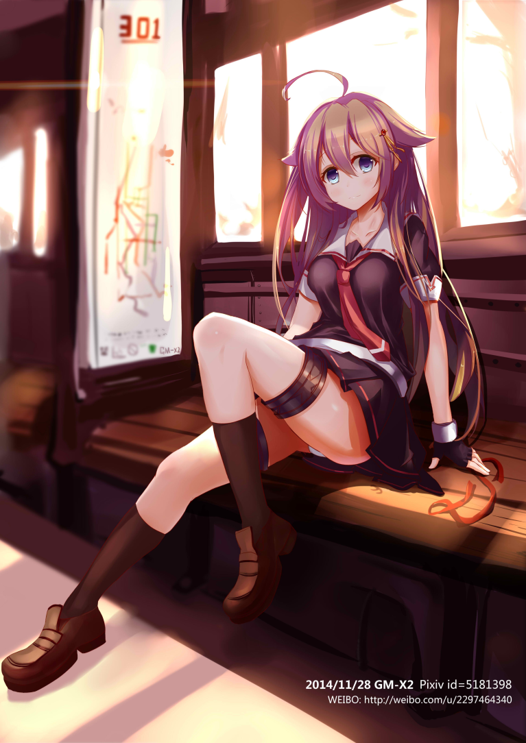 2014 ahoge alternate_hairstyle arm_support artist_name black_gloves black_legwear black_serafuku black_skirt blue_eyes blush dated fingerless_gloves gloves ground_vehicle hair_between_eyes hair_down hair_flaps hair_ornament kantai_collection kneehighs leg_up loafers long_hair looking_at_viewer neckerchief panties pantyshot pantyshot_(sitting) pleated_skirt remodel_(kantai_collection) sailor_collar school_uniform serafuku shigure_(kantai_collection) shoes sitting skirt solo train train_interior underwear white_panties x2