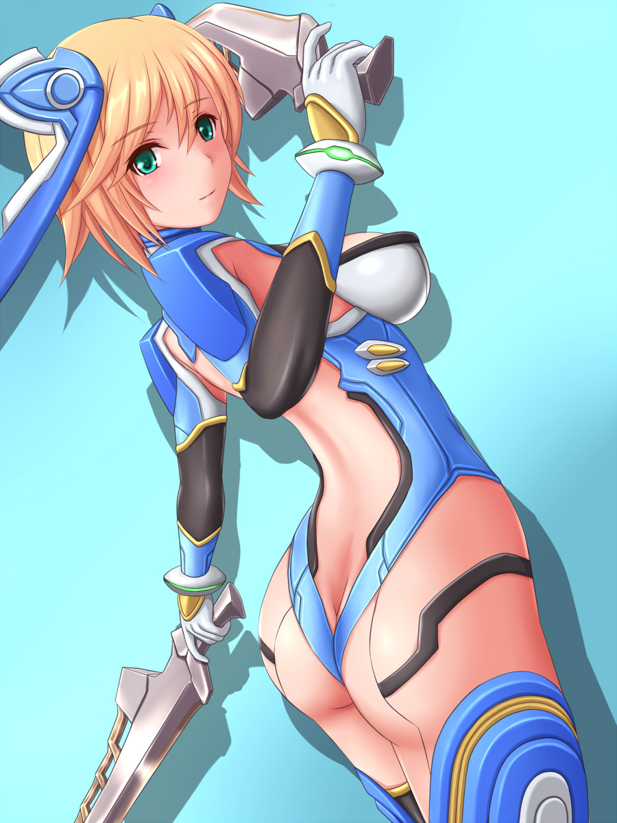 1girl armor ass back blonde_hair blush breasts butt_crack cyborg dual_wielding elbow_gloves fiorun from_behind gloves green_eyes headgear hiro_(hankakudouga) light_smile looking_at_viewer looking_back mecha_musume robot robot_girl shadow short_hair sideboob smile solo super_smash_bros. sword weapon what_if xenoblade