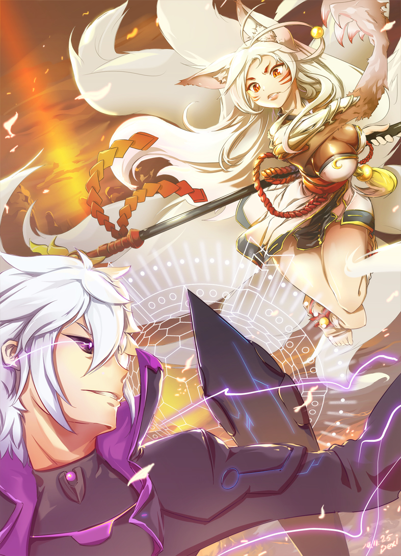 1girl 2014 add_(elsword) animal_ears ara_han asura_(elsword) barefoot battle black_sclera breasts clenched_teeth dated diabolic_esper_(elsword) duel elsword eun_(elsword) fox_ears large_breasts long_hair orange_eyes purple_eyes servati signature skirt staff teeth toeless_legwear white_hair