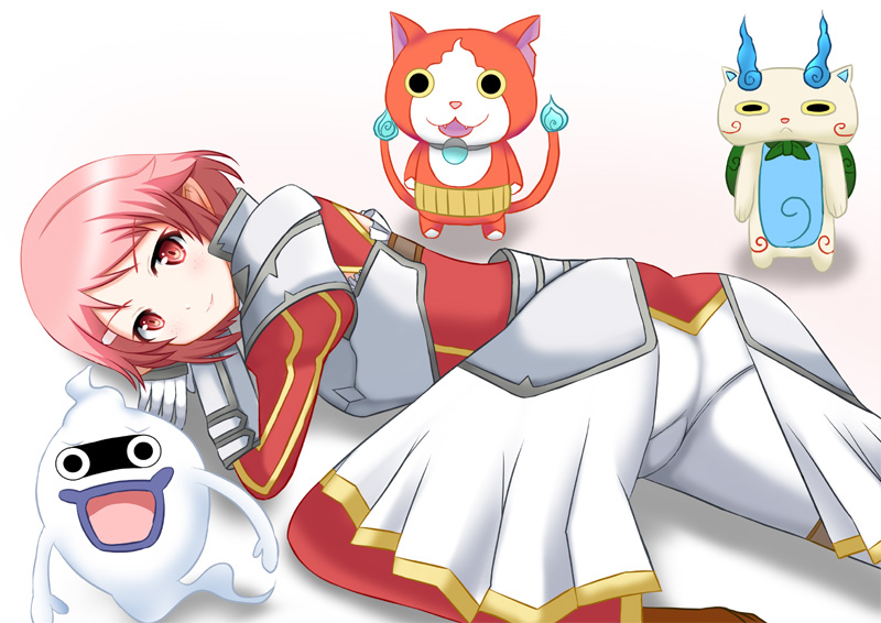 armor ass blush boots breastplate crossover faulds freckles ghost gloves hair_ornament hairclip jibanyan koma-san komasan lisbeth lisbeth_(sao-alo) looking_at_viewer lying natsuzakura_yuuki on_stomach pants pantylines pointy_ears puffy_sleeves red_eyes red_hair short_hair showgirl_skirt skirt smile sword_art_online whisper_(youkai_watch) youkai_watch