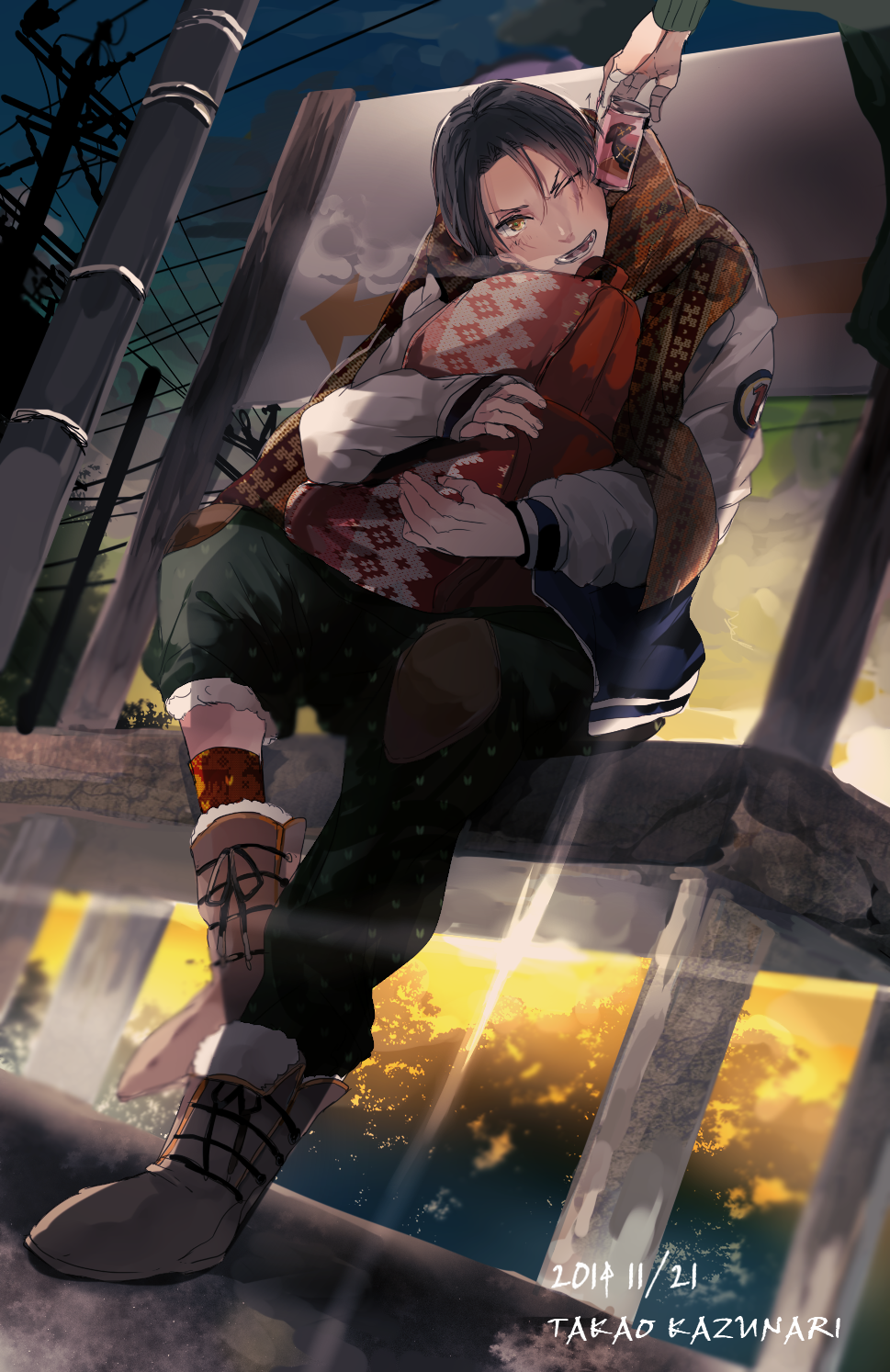 2014 ;d bag bandages black_hair blush boots border0715 breath brown_eyes can character_name clothes_writing cloud dated directional_arrow dutch_angle finger_wrap from_below fur_trim highres holding holding_bag jacket kuroko_no_basuke lens_flare long_sleeves male_focus one_eye_closed open_mouth out_of_frame outdoors pants power_lines scarf sitting sky smile socks soda_can solo_focus takao_kazunari tree twilight utility_pole winter_clothes yellow_eyes