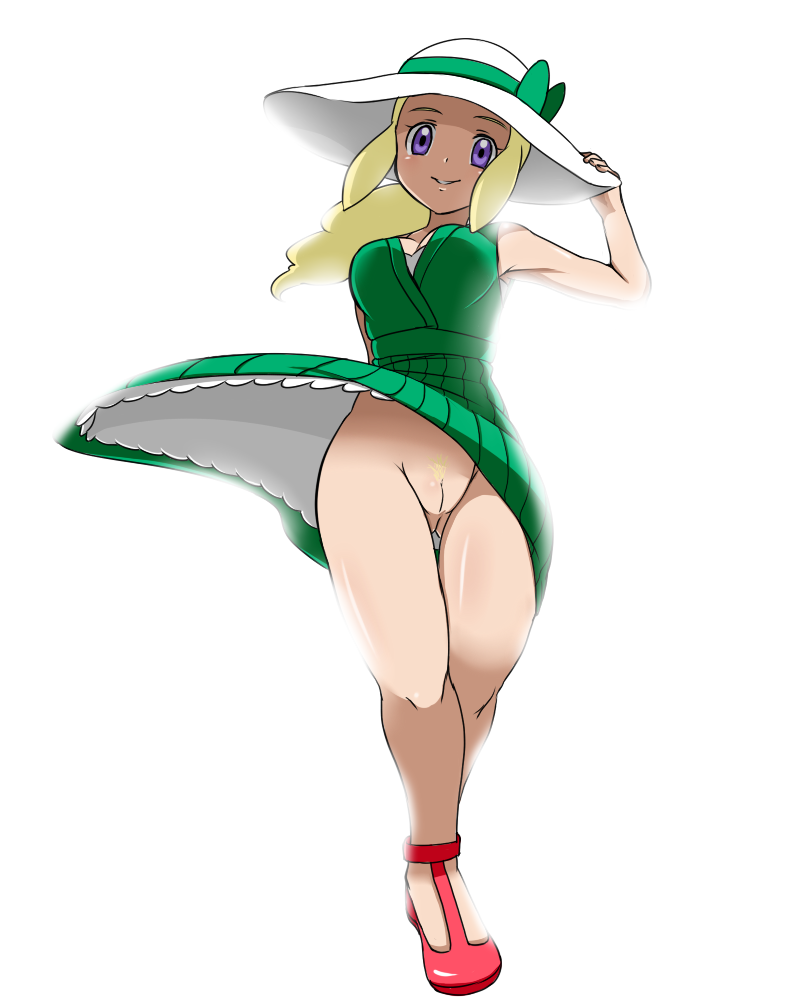 :d blonde_hair blonde_pubic_hair bloom blush colored_pubic_hair dress full_body green_dress hand_on_headwear hat lady_(pokemon) long_hair looking_at_viewer no_panties open_mouth pokemon pubic_hair purple_eyes pussy refuto sidelocks simple_background smile solo sun_hat walking white_background wind wind_lift