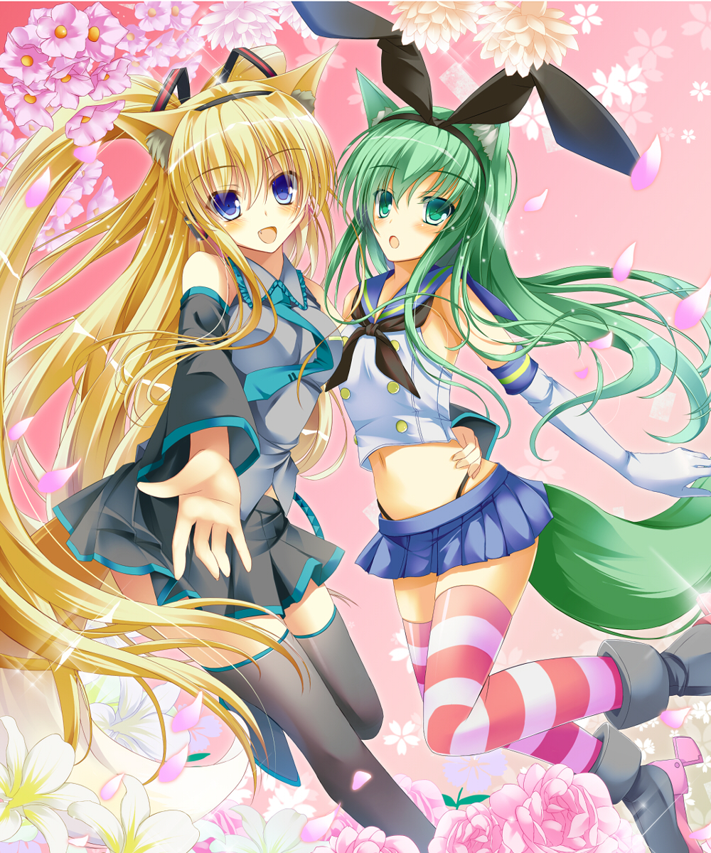 :d animal_ears blonde_hair blue_eyes cosplay elbow_gloves fang flower fox_ears fox_tail gloves green_eyes green_hair hair_ornament hairband hatsune_miku hatsune_miku_(cosplay) highres kantai_collection kasumi_toshizou long_hair looking_at_viewer multiple_girls navel open_mouth original petals pleated_skirt rose school_uniform serafuku shimakaze_(kantai_collection) shimakaze_(kantai_collection)_(cosplay) skirt smile striped striped_legwear tail takataka thighhighs two_side_up very_long_hair vocaloid zettai_ryouiki