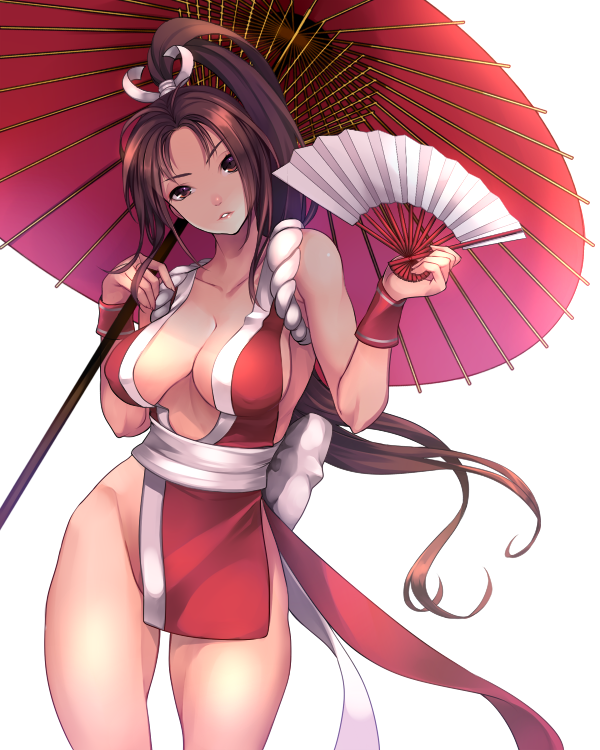 breasts brown_eyes brown_hair collarbone cowboy_shot fan fatal_fury folding_fan head_tilt large_breasts long_hair looking_at_viewer oriental_umbrella pelvic_curtain ponytail settyaro shiranui_mai simple_background solo the_king_of_fighters umbrella very_long_hair white_background