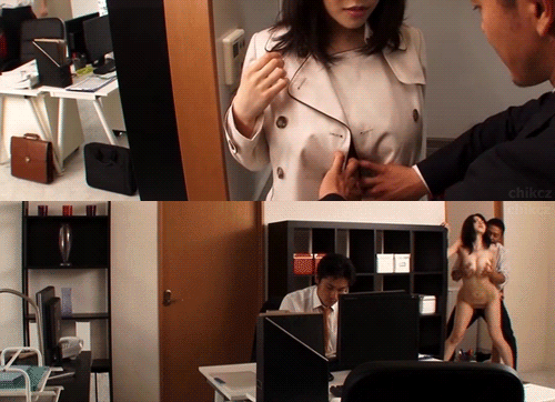 2boys animated animated_gif asian breast_grab breasts censored coat fitch grabbing jufd-305 large_breasts multiple_boys nude office okita_anri open_clothes open_shirt photo public_sex salaryman sex shirt split_screen standing stealth_sex