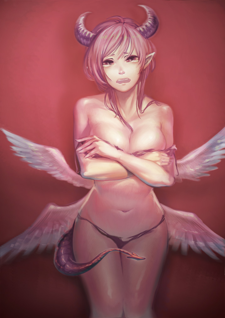 black_panties breasts covering covering_breasts demon_girl horns iroai_midodo large_breasts low_wings open_mouth original panties pink_eyes pink_hair pointy_ears short_hair solo tail tears underwear wavy_mouth wings