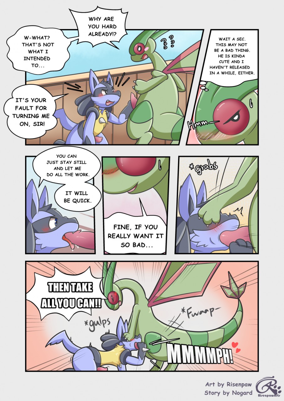 2018 all_fours anthro blush comic duo english_text erection flygon forced forced_oral lucario male male/male nintendo nude oral penis pok&eacute;mon pok&eacute;mon_(species) risenpaw sex text video_games