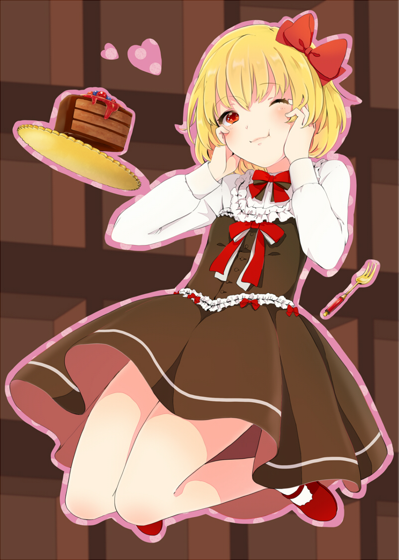 blonde_hair cake chocolate chocolate_cake chocolate_icing dripping food fork hair_ribbon hands_on_own_cheeks hands_on_own_face heart mary_janes one_eye_closed red_eyes ribbon rumia shoes short_hair skirt slice_of_cake smile socks solo touhou witoi_(roa)