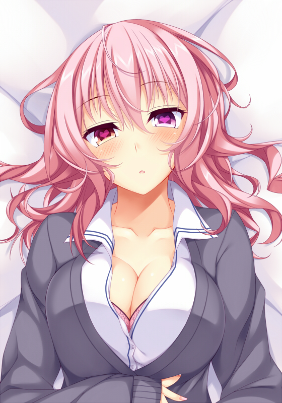 blush bra breasts cleavage dakimakura heart heart-shaped_pupils heterochromia large_breasts looking_at_viewer mirei-san_(suterii) original pink_bra pink_eyes pink_hair red_eyes solo suterii sweater symbol-shaped_pupils underwear upper_body