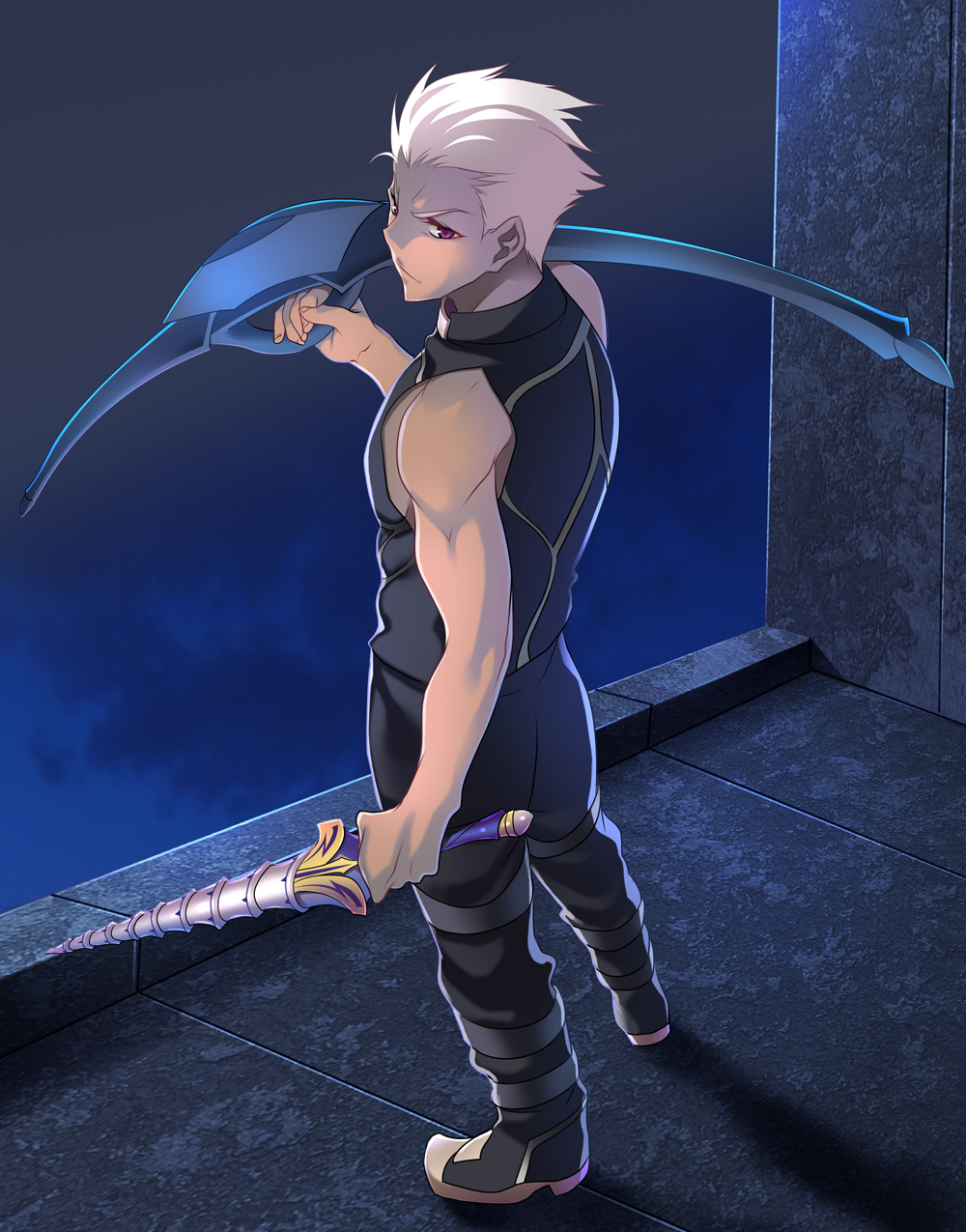 archer azu bare_shoulders bow_(weapon) caladbolg dark_skin dark_skinned_male drill fate/stay_night fate_(series) highres male_focus purple_eyes sleeveless solo weapon white_hair