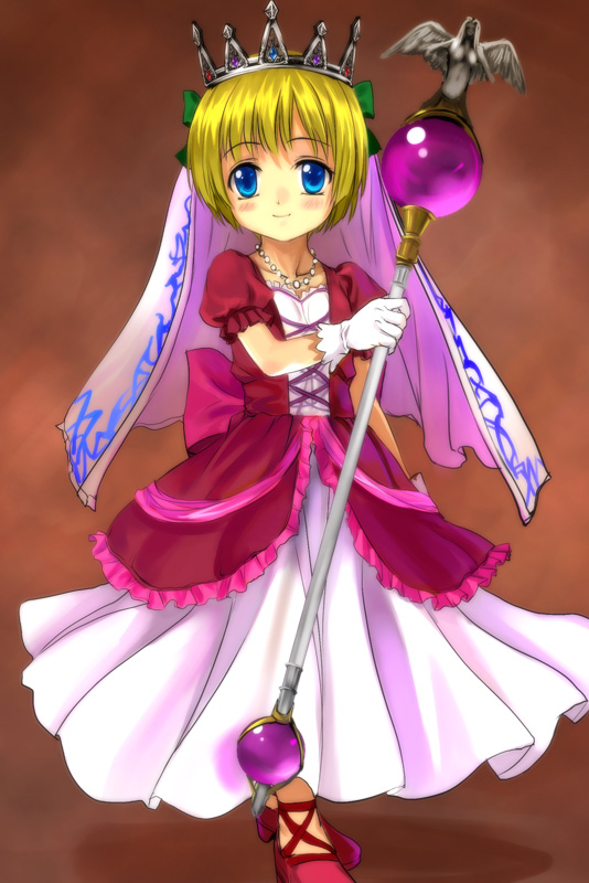bianca's_daughter bianca's_daughter blonde_hair blue_eyes crown dragon_quest dragon_quest_v dress gown mutsuki_(moonknives) princess slippers solo staff veil