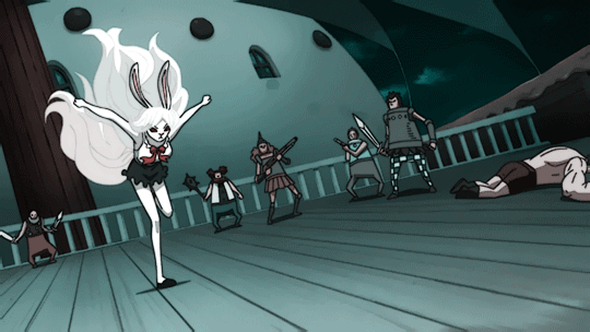 1girl alternate_form animal_ears animated animated_gif black_skirt breasts bunny_ears bunny_tail carrot_(one_piece) dress female jumping large_breasts long_hair multiple_boys night night_sky one_piece pale_skin running skirt sky smile tail very_long_hair weapon