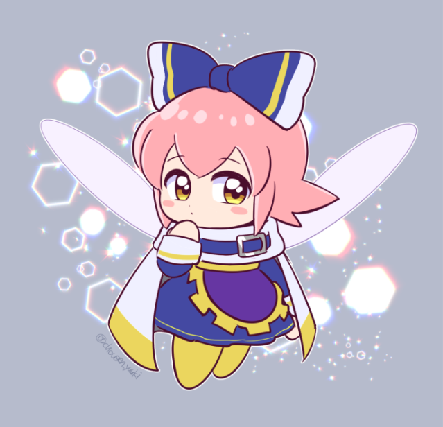 1girl blue_bow blush blush_stickers bow cape chousen_yuuki cosplay dress eyebrows_visible_through_hair fairy fairy_wings finger_to_mouth grey_background hair_bow hexagon kirby_(series) large_bow looking_to_the_side magolor magolor_(cosplay) nintendo pink_hair ribbon ribbon_(kirby) short_hair signature simple_background solo wings yellow_eyes yellow_footwear