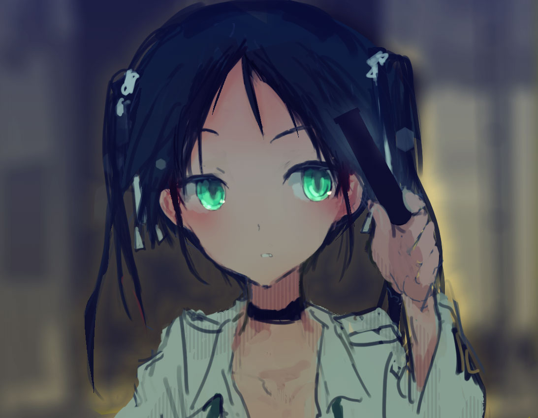 1girl black_hair blurry choker collarbone depth_of_field fang francesca_lucchini green_eyes hair_ribbon kabuyama_kaigi long_hair portrait ribbon sketch solo strike_witches twintails uniform world_witches_series
