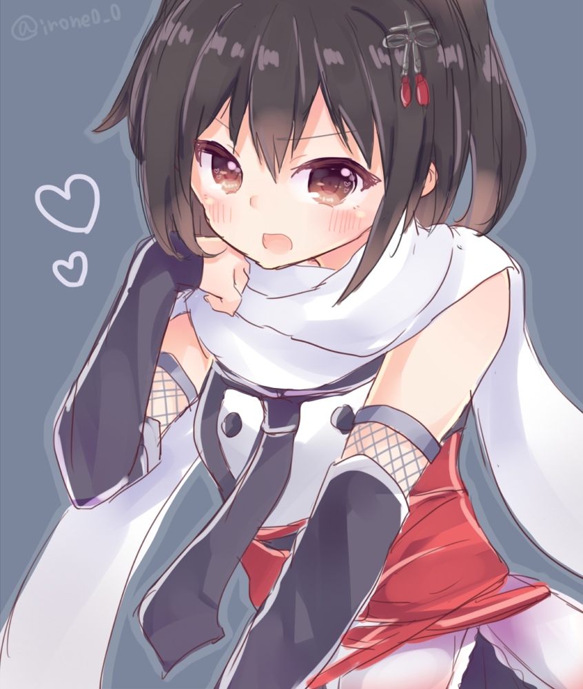 arm_warmers bad_id bad_pixiv_id black_hair blush brown_eyes hair_ornament heart kantai_collection momoirone necktie open_mouth remodel_(kantai_collection) scarf sendai_(kantai_collection) short_hair twitter_username upper_body white_scarf