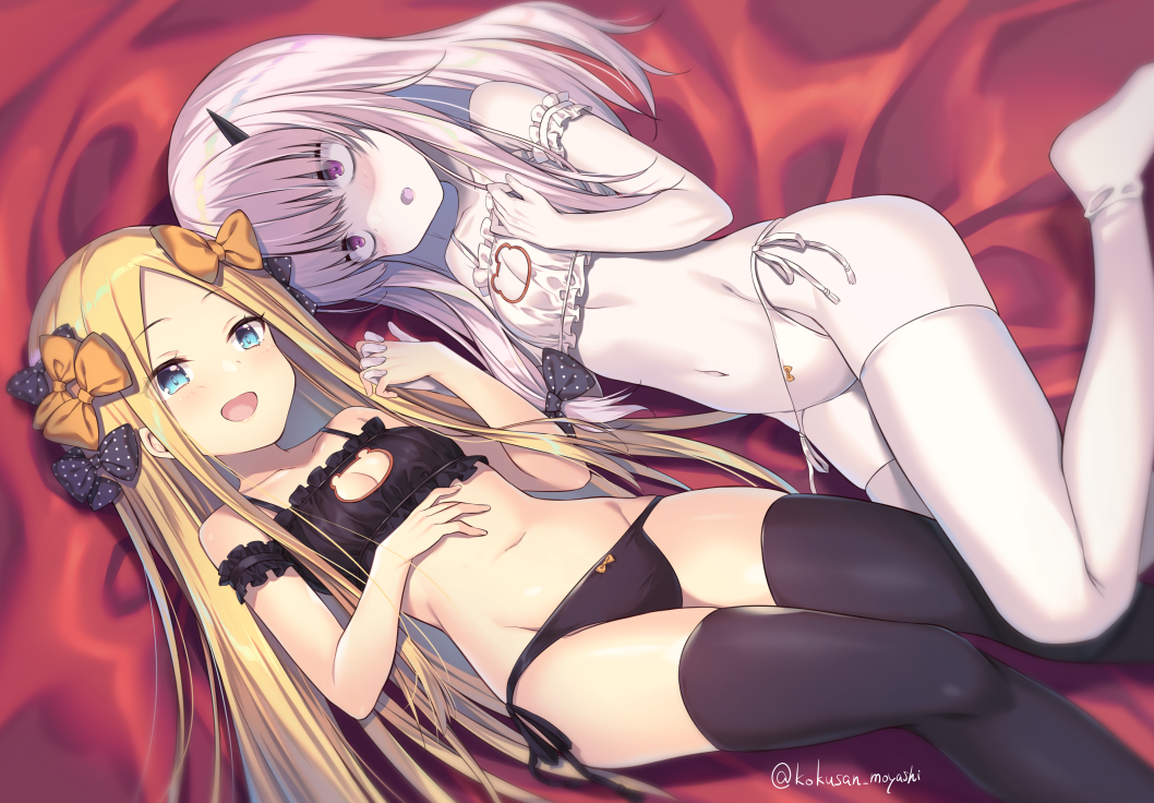 2girls :d :o abigail_williams_(fate/grand_order) bangs black_bow black_bra black_legwear black_panties blonde_hair blue_eyes blush bow bow_panties bra breasts cleavage cleavage_cutout collarbone fate/grand_order fate_(series) hair_between_eyes hair_bow horn interlocked_fingers kokusan_moyashi lavinia_whateley_(fate/grand_order) long_hair looking_at_viewer lying meme_attire multiple_girls navel no_shoes on_back on_side open_mouth orange_bow panties parted_bangs polka_dot polka_dot_bow purple_eyes side-tie_panties silver_hair small_breasts smile stomach thighhighs twitter_username underwear underwear_only very_long_hair white_bra white_legwear white_panties