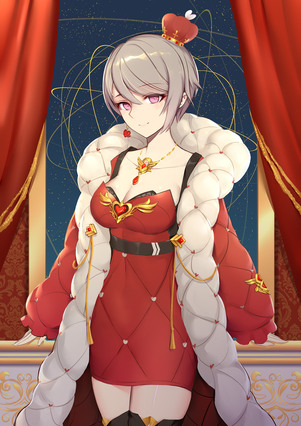 1girl alternate_costume bangs belt black_bra boots bra breasts cleavage closed_mouth coat collarbone crown curtains dress gloves grey_hair highres honkai_(series) honkai_impact_3 indoors jewelry leaning liu_lan looking_at_viewer medium_breasts necklace open_clothes open_coat pink_eyes red_dress rita_rossweisse short_hair sidelocks smile solo standing thigh_boots thighhighs underwear window