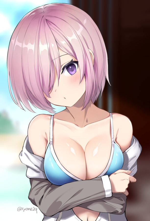 1girl bangs bare_shoulders beach bikini blue_bikini blue_sky blurry blurry_background blush breasts cleavage closed_mouth cloud cloudy_sky collarbone commentary_request day depth_of_field eyebrows_visible_through_hair fate/grand_order fate_(series) hair_over_one_eye head_tilt jacket large_breasts mash_kyrielight navel off_shoulder open_clothes open_jacket outdoors pink_hair purple_eyes sand sky solo swimsuit twitter_username tyone upper_body water white_jacket