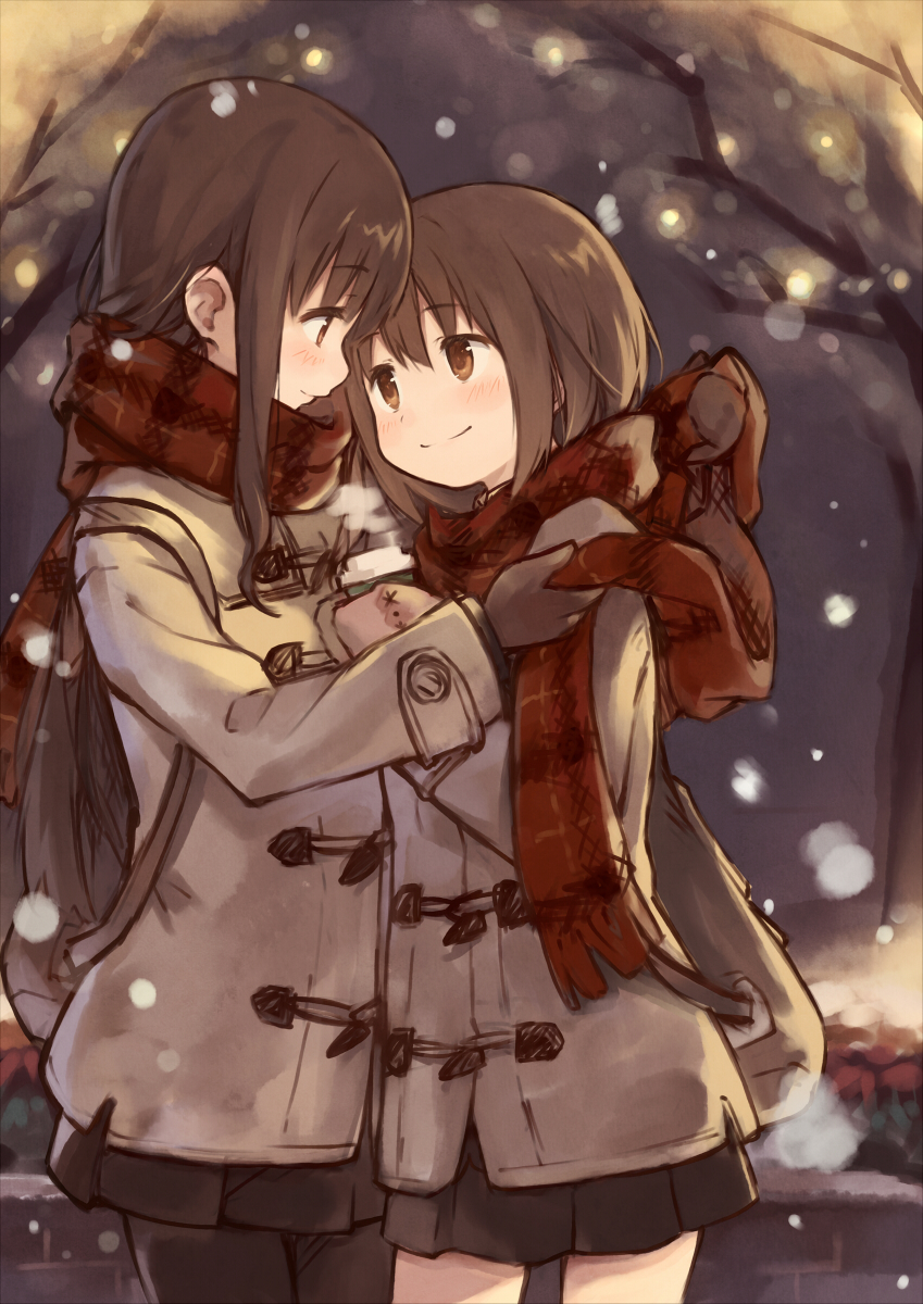 adjusting_another's_clothes adjusting_scarf bag black_legwear brown_eyes brown_hair coat coffee_cup cup disposable_cup dressing_another duffel_coat gloves highres kyuri long_hair looking_at_another multiple_girls original pantyhose profile revision scarf school_bag skirt smile snowing steam tree winter winter_clothes yuri