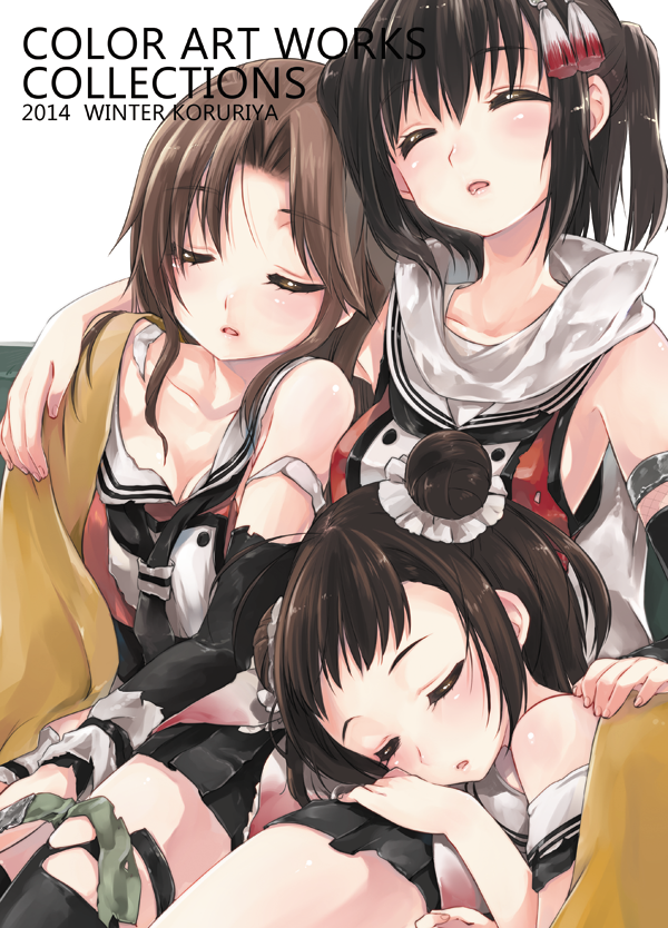 blanket brown_hair double-breasted hair_bun hair_ornament hand_on_shoulder jintsuu_(kantai_collection) kantai_collection koruri long_hair multiple_girls naka_(kantai_collection) remodel_(kantai_collection) scarf sendai_(kantai_collection) short_hair sleeping two_side_up