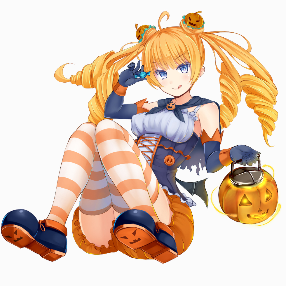 :q bat_wings black_gloves bloomers blue_eyes blush breasts candy capelet double_bun drill_hair elbow_gloves food gloves halloween halloween_costume irohasu jack-o'-lantern long_hair looking_at_viewer low_wings medium_breasts official_art orange_bloomers simple_background solo striped striped_legwear tentacles_tactics tongue tongue_out underwear white_background wings