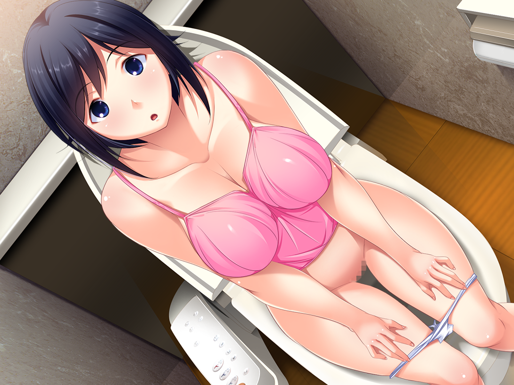 1girl bathroom blue_eyes blue_hair blush breasts censored cleavage from_above game_cg hanitsuma,_hanitsuma_append_disc_&ldquo;cosplay_tengoku&rdquo; hanitsuma,_hanitsuma_append_disc_â€œcosplay_tengokuâ€ highres large_breasts legs looking_up panties panty_pull shinonome_kasuhiko shinonome_kazuhiko sitting solo surprised thighs toilet underwear