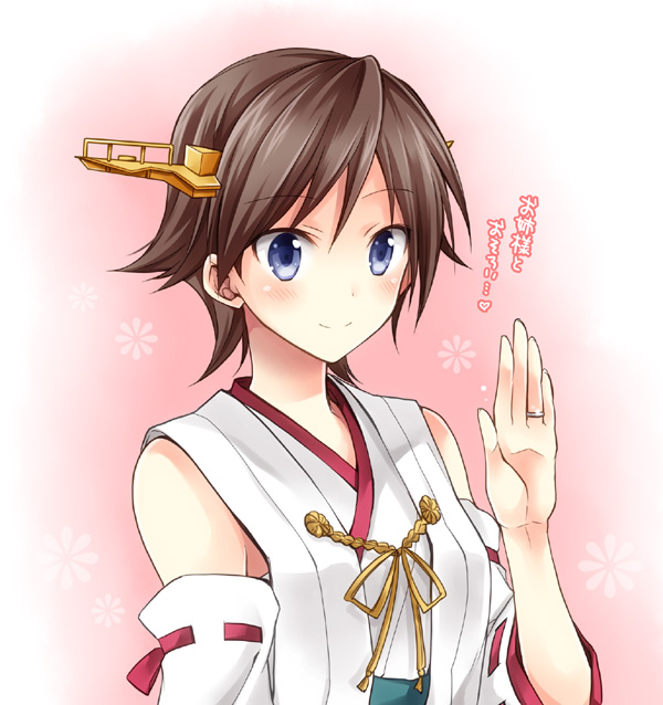 bare_shoulders blue_eyes brown_hair close-up detached_sleeves flipped_hair hairband headgear hiei_(kantai_collection) japanese_clothes jewelry kantai_collection kubyou_azami nontraditional_miko remodel_(kantai_collection) ring short_hair smile solo translated upper_body wedding_band