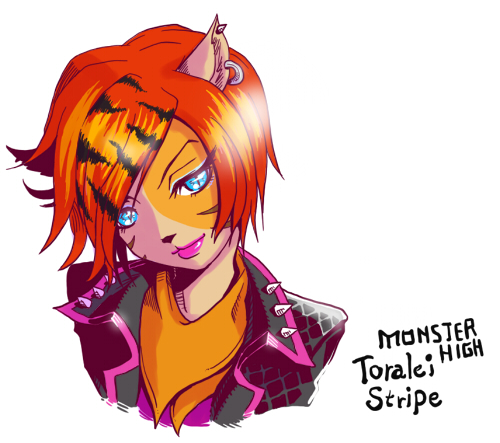 artist_request blue_eyes cat_ears earrings female furry jewelry lips lipstick looking_at_viewer makeup monster_high orange_hair pink_lipstick solo toralei_stripe yunsuke