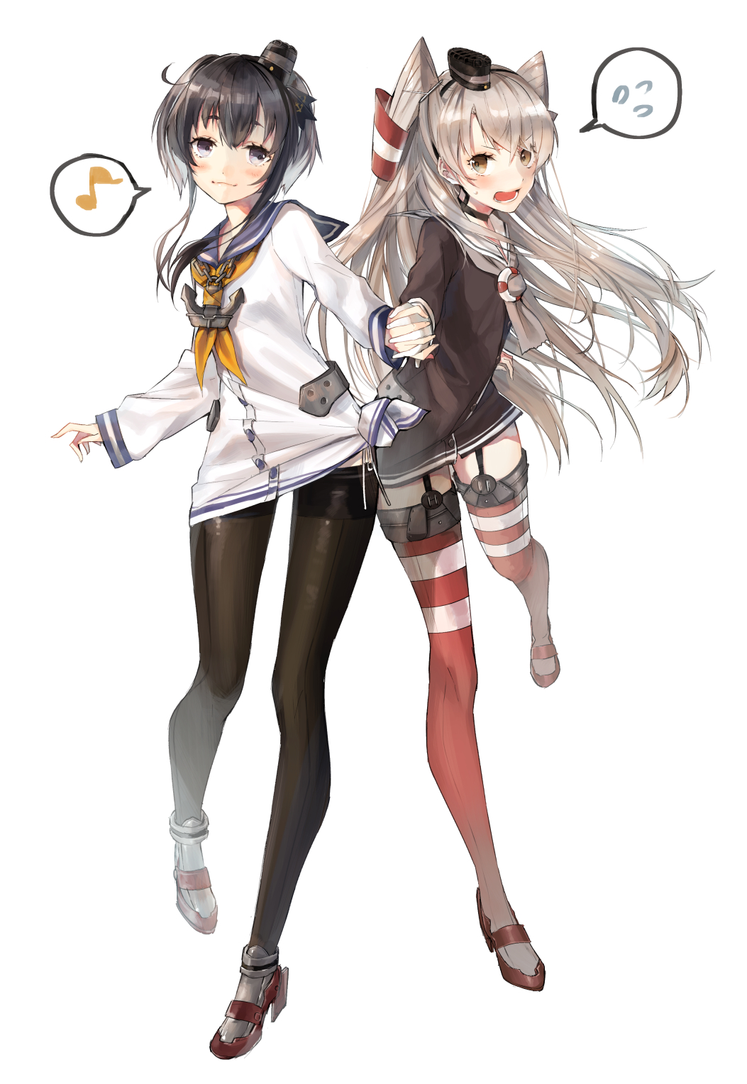 amatsukaze_(kantai_collection) anchor black_eyes black_hair blush brown_eyes dress eighth_note garter_straps gloves hairband hat highres holding_hands kantai_collection long_hair mini_hat multiple_girls musical_note pantyhose revision sailor_dress short_dress short_hair silver_hair smile speech_bubble spoken_flying_sweatdrops spoken_musical_note sweatdrop thighhighs tokitsukaze_(kantai_collection) two_side_up uniform vient zettai_ryouiki