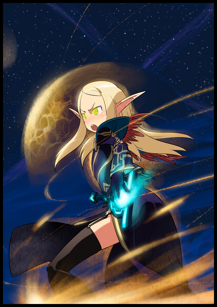blonde_hair blood_elf feathers gloves ling_(cg_sky) long_hair moon pointy_ears priest_(warcraft) solo thighhighs warcraft world_of_warcraft yellow_eyes