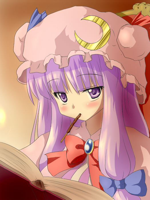 bad_id bad_pixiv_id blush book crescent food fueiku hat long_hair looking_at_viewer mouth_hold patchouli_knowledge pocky purple_eyes purple_hair solo touhou