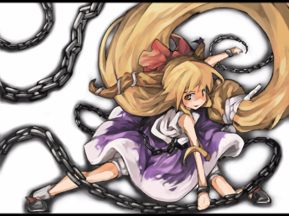 &gt;:) bad_id bad_pixiv_id blonde_hair bow chain hair_bow horns ibuki_suika kneeling long_hair oni outstretched_leg ph. smile solo touhou v-shaped_eyebrows very_long_hair