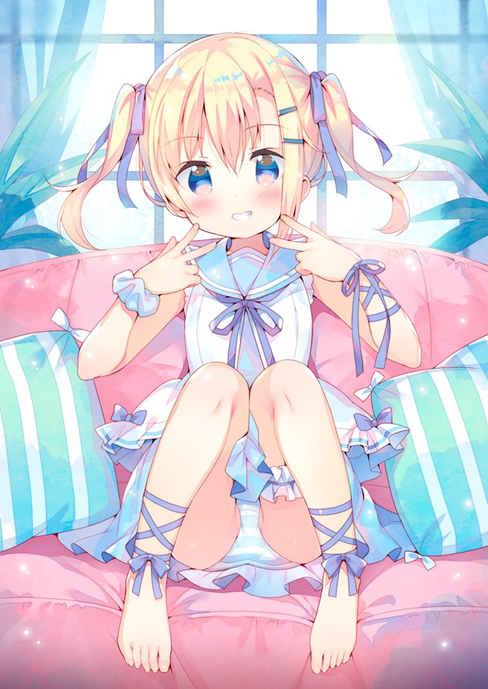 bangs barefoot blonde_hair blue_dress blue_eyes blue_sailor_collar blush commentary_request couch curtains double_v dress eyebrows_visible_through_hair feet fingernails full_body grin hair_between_eyes hair_ornament hair_ribbon hairclip hands_up head_tilt indoors long_hair meito_(maze) on_couch original panties purple_ribbon ribbon sailor_collar shirt sidelocks sitting smile solo striped striped_panties striped_pillow toenails toes twintails underwear v white_shirt window
