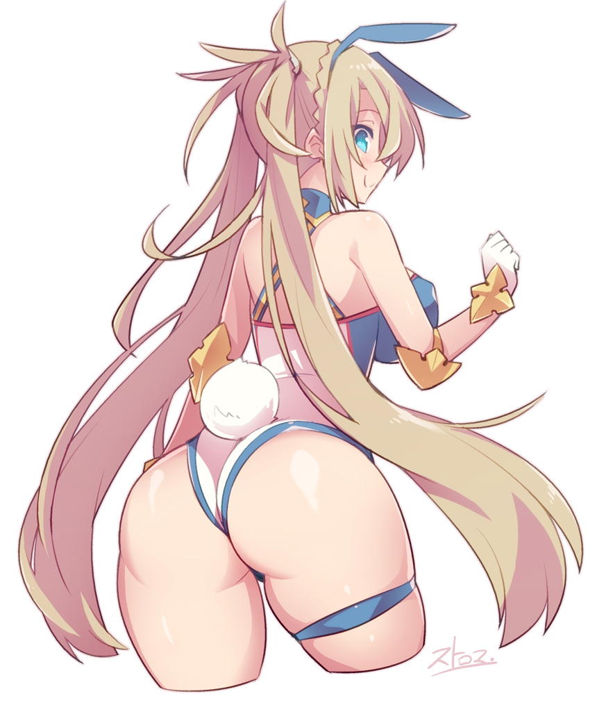 animal_ears ass blonde_hair blue_eyes blush bradamante_(fate/grand_order) braid breasts bunny_ears bunny_girl bunny_tail closed_mouth commentary_request eyebrows_visible_through_hair fate/grand_order fate_(series) french_braid from_behind gloves huge_ass leotard long_hair looking_at_viewer looking_back medium_breasts shiny shiny_hair shiny_skin smile solo standing stroma tail thigh_strap twintails white_gloves white_leotard