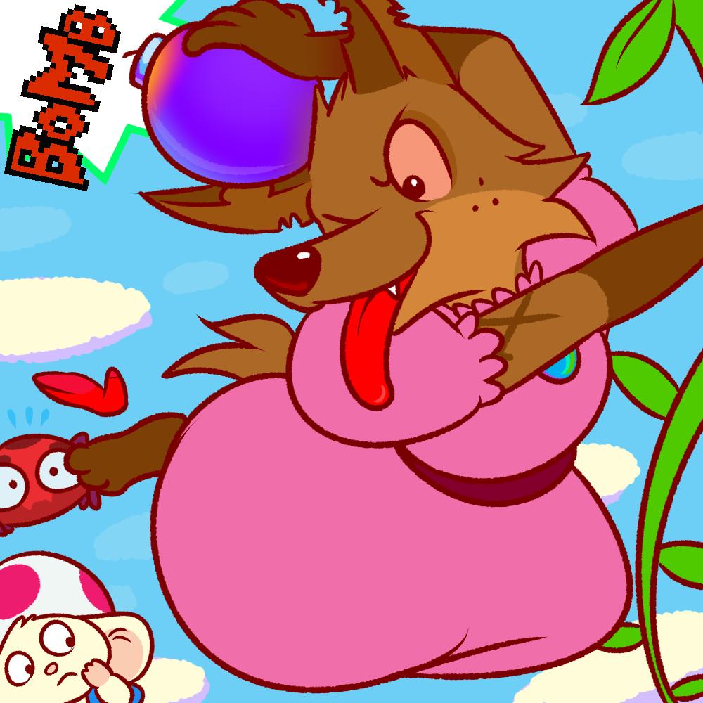barefoot blue_sky blue_vest bomb clothing cloud dress explosives freckles fuxie hamster high-heeled_shoe mammal mario_bros nintendo nishi oxynard pink_dress pixels princess_peach red_sclera red_shoes rodent sky super_mario_brothers_2 teeth text toad_(super_mario_brothers) tongue tongue_out video_games vines