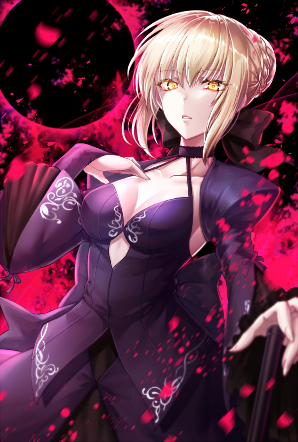 1girl artoria_pendragon_(all) black_bow blonde_hair bow braided_bun breasts bridal_gauntlets choker cleavage collarbone eclipse eyebrows_visible_through_hair fate/stay_night fate_(series) hair_bow hand_on_hilt kamuinii long_sleeves looking_at_viewer medium_breasts parted_lips purple_shirt purple_sleeves saber_alter shiny shiny_hair shirt short_hair shrug_(clothing) sidelocks skirt sleeveless sleeveless_shirt solo standing yellow_eyes