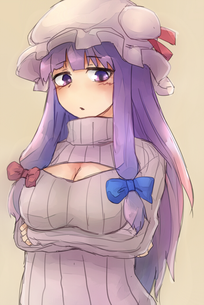 bow breasts cleavage cleavage_cutout crescent crossed_arms hair_bow hat large_breasts long_hair masa_(neku) meme_attire open-chest_sweater patchouli_knowledge purple_eyes purple_hair ribbed_sweater sidelocks sketch solo sweater touhou turtleneck