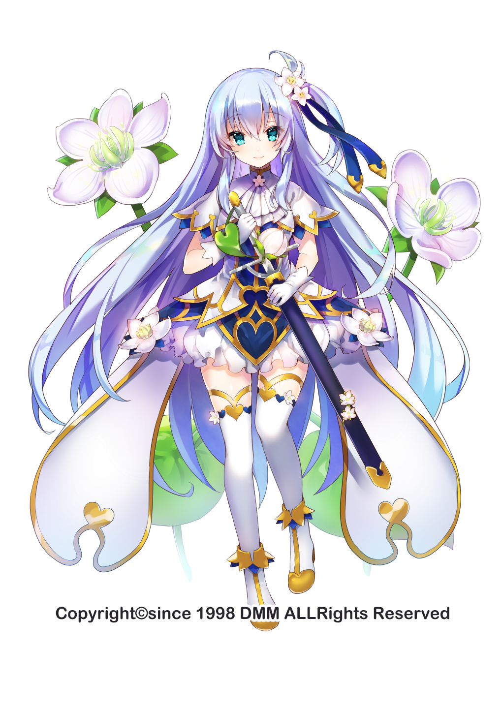 1girl baikasou_(flower_knight_girl) blue_dress blue_eyes boots closed_mouth commentary_request cravat dress dress_flower flower flower_knight_girl frills full_body gloves hair_flower hair_ornament highres holding holding_sword holding_weapon light_blue_hair long_hair object_namesake official_art sakofu scabbard sheath side_ponytail sidelocks smile solo standing sword thigh_boots thighhighs very_long_hair weapon white_footwear white_gloves white_neckwear