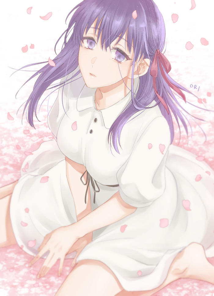 1girl artist_name banned_artist barefoot black_ribbon breasts cherry_blossoms dress fate/stay_night fate_(series) floating_hair from_above hair_between_eyes hair_ribbon large_breasts long_hair looking_at_viewer matou_sakura orii_(orii_i) parted_lips purple_eyes purple_hair red_ribbon rei_no_himo ribbon shiny shiny_hair short_dress short_sleeves sitting solo sundress wariza white_background white_dress