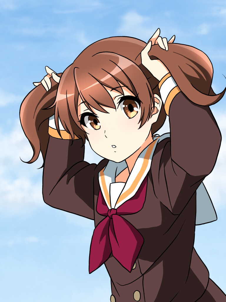 1girl :o arms_up blue_sky brown_eyes brown_hair cloud day hibike!_euphonium long_sleeves looking_at_viewer mitsuhiro-510-goto oumae_kumiko outdoors school_uniform serafuku short_twintails sky solo twintails upper_body