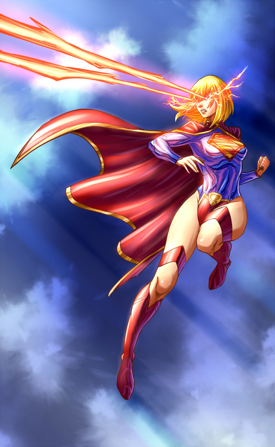 1girl blonde_hair boots cape dc_comics flying glowing glowing_eyes kryptonian laser_eyes leotard red_cape red_shoes s_shield shoes supergirl superman_(series) zhen_long
