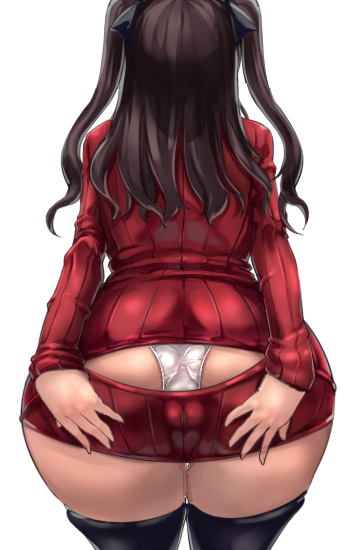 adapted_costume ass ass_cutout black_hair cameltoe facing_away fate/stay_night fate_(series) from_behind hands_on_ass leaning_forward majime_kei_kuzumochi meme_attire open-chest_sweater panties pussy_juice simple_background solo sweater thighhighs toosaka_rin underwear wardrobe_error white_background white_panties