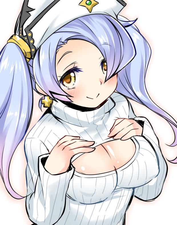 alternate_costume azuma_ezu bangs blue_hair blush breast_suppress breasts cleavage cleavage_cutout covered_nipples cross cross_earrings earrings gradient_hair granblue_fantasy hair_over_one_eye hands_on_own_chest headdress jewelry large_breasts lavender_hair light_smile long_hair looking_at_viewer meme_attire multicolored_hair open-chest_sweater outline ribbed_sweater simple_background smile solo sophia_(granblue_fantasy) sweater turtleneck twintails upper_body yellow_eyes