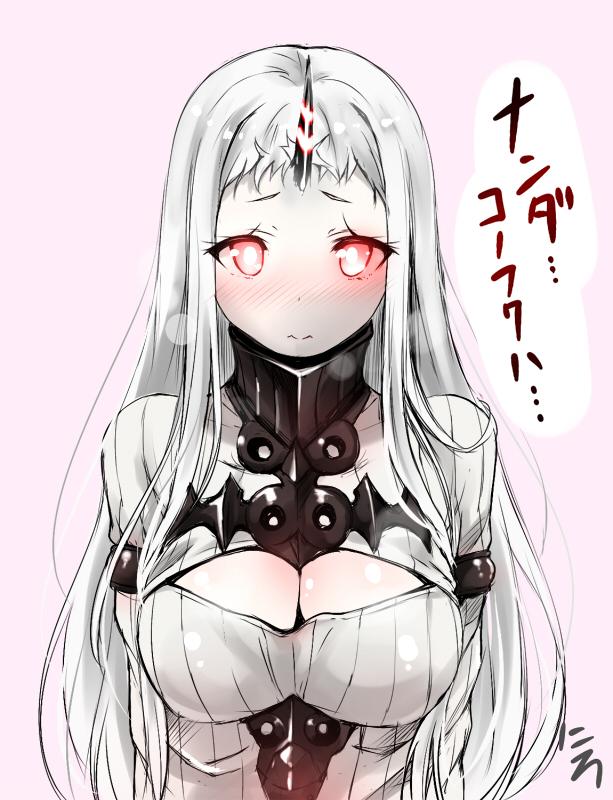 3: adapted_costume blush breasts cleavage cleavage_cutout horn jpeg_artifacts kantai_collection large_breasts long_hair looking_at_viewer meme_attire nironiro open-chest_sweater ribbed_sweater seaport_hime shinkaisei-kan solo sweater translated upper_body white_hair white_skin