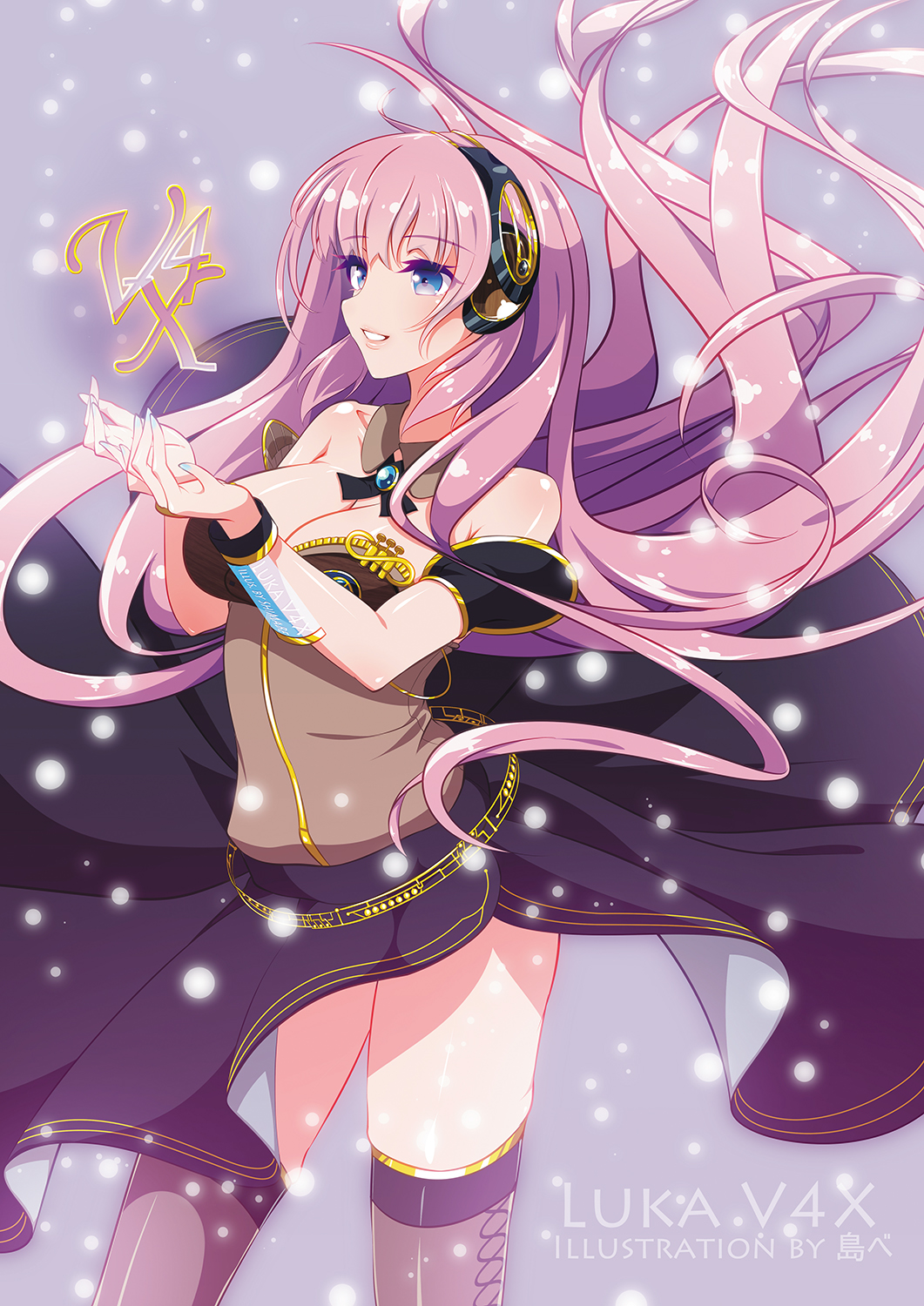 artist_name blue_eyes character_name collar floating_hair headphones highres long_hair megurine_luka megurine_luka_(vocaloid4) mythless parted_lips pink_hair skirt solo thighhighs v4x very_long_hair vocaloid