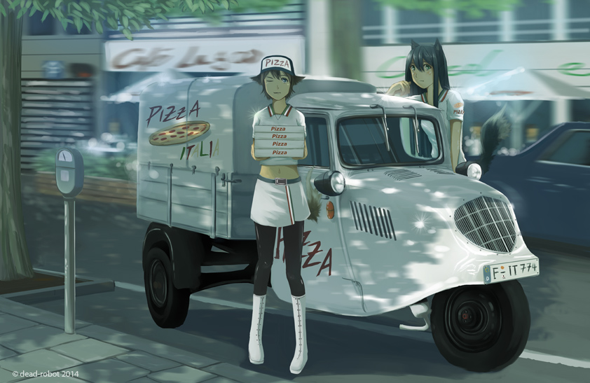 2girls animal_ears artist_name black_legwear blush boots car carrying cat_ears city commentary dead-robot delivery food green_eyes ground_vehicle hat leaning license_plate long_hair looking_at_viewer midriff motor_vehicle multiple_girls navel one_eye_closed original pantyhose parking_meter pavement pizza pizza_box pizza_delivery road shadow short_hair skirt street tail tree uniform white_footwear