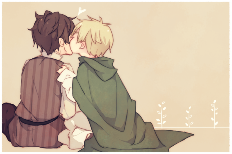 2boys axis_powers_hetalia brown_background child kiss male male_focus multiple_boys simple_background sitting spain_(hetalia) united_kingdom_(hetalia) utaoka_(23com) yaoi